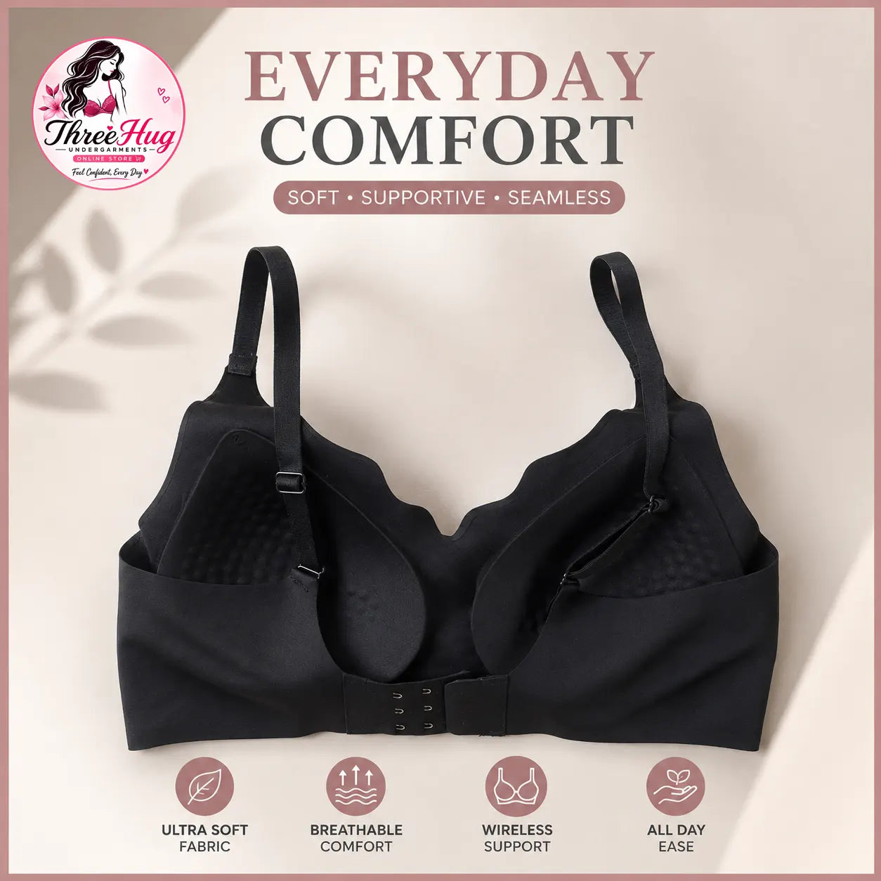 Women's Seamless Comfort Bra | Soft Stretch Molded Cup Bra with Adjustable Straps